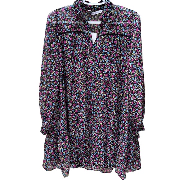 Zara Dresses & Skirts - Zara Floral Mini Dress Long Sleeve Tiered Babydoll Multi Color Size M NWT